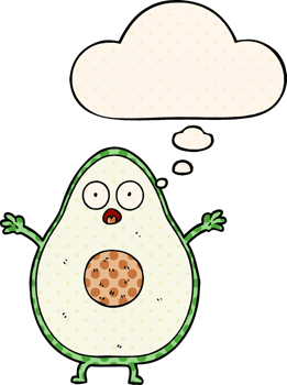 cartoon avocado with thought bubble in comic book style png
