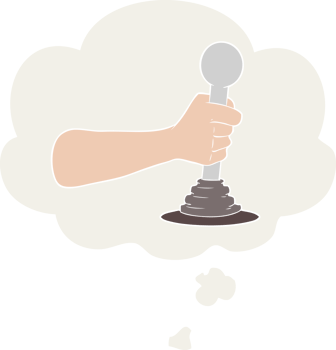cartoon hand pulling lever with thought bubble in retro style png