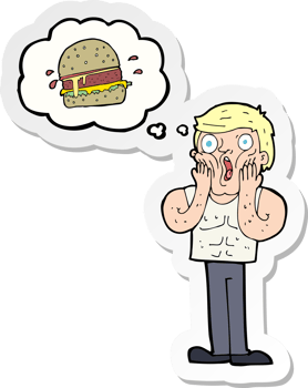 sticker of a cartoon shocked man thinking about junk food png