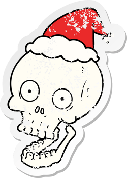 hand drawn distressed sticker cartoon of a skull wearing santa hat png