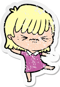 distressed sticker of a annoyed cartoon girl png