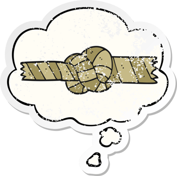 cartoon knotted rope with thought bubble as a distressed worn sticker png