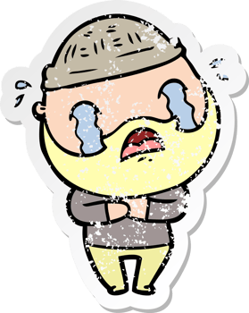 distressed sticker of a cartoon bearded man crying png
