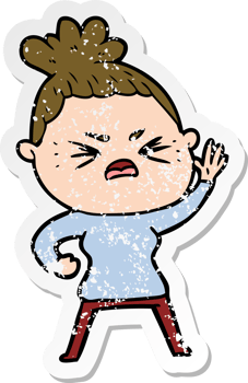 distressed sticker of a cartoon angry woman png