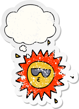 cartoon sun with thought bubble as a distressed worn sticker png