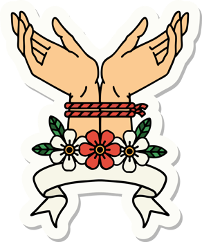 tattoo style sticker with banner of hands tied png