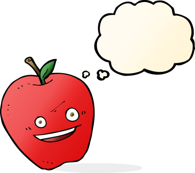 cartoon happy apple with thought bubble png