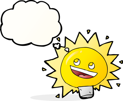 cartoon electric light bulb with thought bubble png