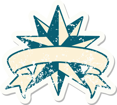 worn old sticker with banner of a star png