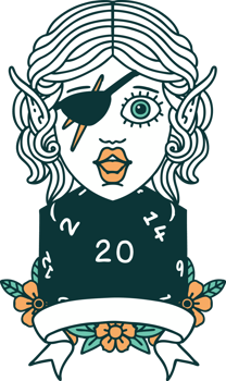 Retro Tattoo Style elf rogue character with natural twenty dice roll png