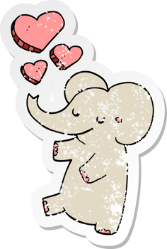 distressed sticker of a cartoon elephant with love hearts png