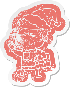 quirky cartoon distressed sticker of a man sweating wearing santa hat png