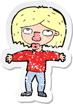 retro distressed sticker of a cartoon girl looking upwards drawing png