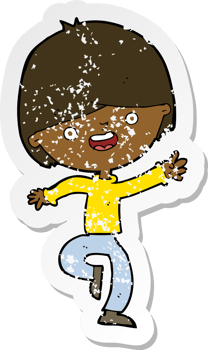 retro distressed sticker of a cartoon happy boy dancing png