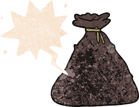 cartoon old hessian sack with speech bubble in grunge distressed retro textured style png