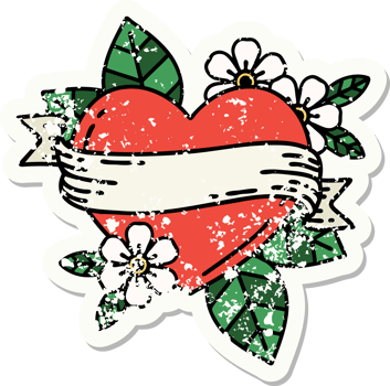 distressed sticker tattoo in traditional style of a heart and banner png