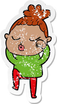 distressed sticker of a cartoon calm woman png