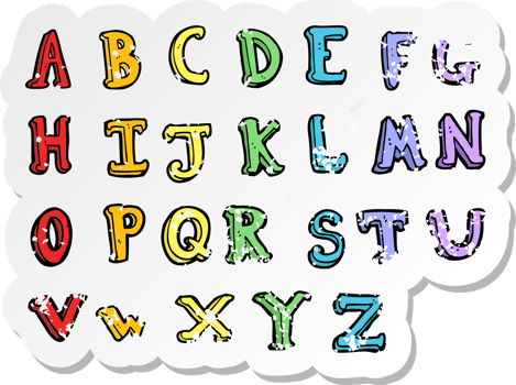 retro distressed sticker of a cartoon alphabet drawing png