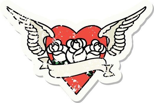 distressed sticker tattoo in traditional style of heart with wings flowers and banner png