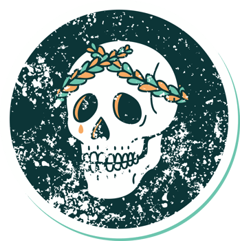 iconic distressed sticker tattoo style image of a skull with laurel wreath crown png