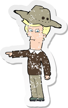 retro distressed sticker of a cartoon pointing man wearing hat png