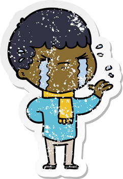 distressed sticker of a cartoon man crying png