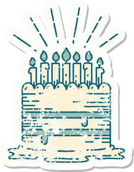 worn old sticker of a tattoo style birthday cake png