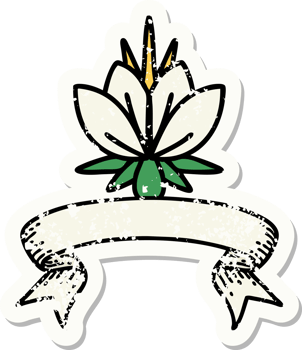 worn old sticker with banner of a water lily png