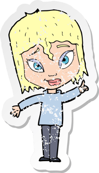 retro distressed sticker of a cartoon woman with idea drawing png