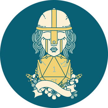 Retro Tattoo Style crying human fighter with natural one D20 roll png