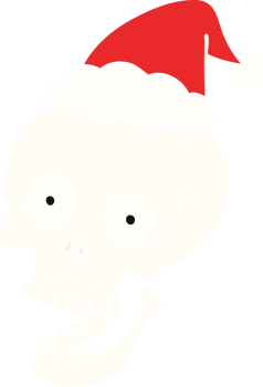 hand drawn flat color illustration of a skull wearing santa hat png