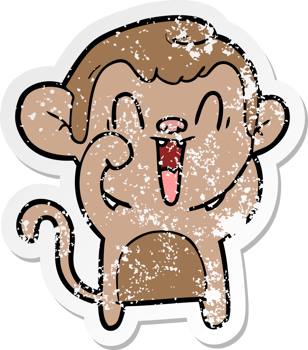 distressed sticker of a cartoon laughing monkey png
