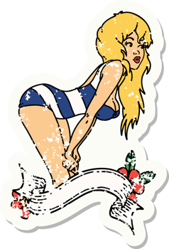 distressed sticker tattoo in traditional style of a pinup girl in swimming costume with banner png