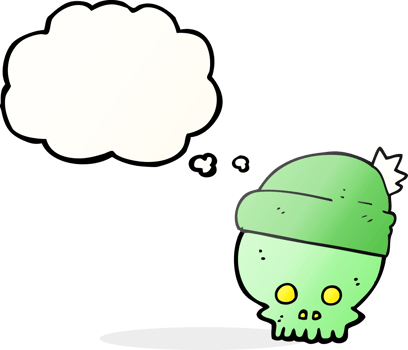 hand drawn thought bubble cartoon skull wearing hat png