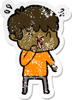 distressed sticker of a cartoon laughing boy png