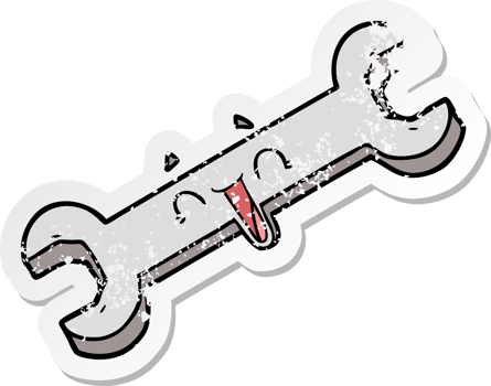 distressed sticker of a cartoon laughing spanner png