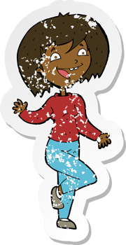 retro distressed sticker of a cartoon laughing woman png