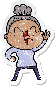 distressed sticker of a cartoon happy old woman png