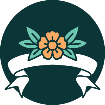 tattoo style icon with banner of a flower png