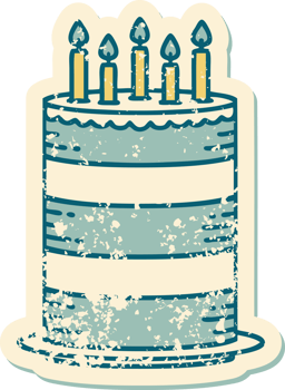 iconic distressed sticker tattoo style image of a birthday cake png