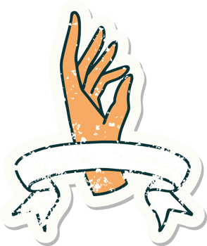 worn old sticker with banner of a hand png