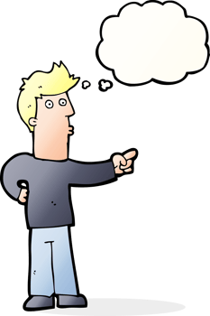 cartoon curious man pointing with thought bubble png