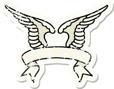 worn old sticker with banner of a wing png