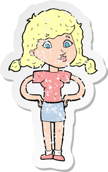 retro distressed sticker of a cartoon pretty girl with hands on hips drawing png
