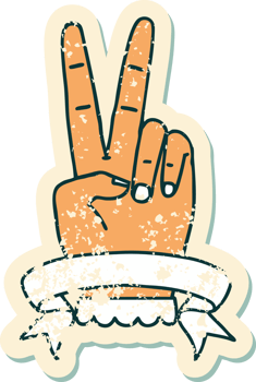 grunge sticker of a peace two finger hand gesture with banner png