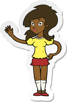 sticker of a cartoon pretty woman waving for attention png