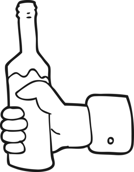 hand drawn black and white cartoon hand holding bottle of wine png