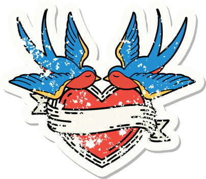 distressed sticker tattoo in traditional style of swallows and a heart with banner png