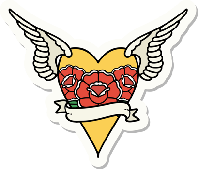 sticker of tattoo in traditional style of a flying heart with flowers and banner png