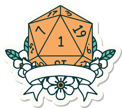 sticker of a natural one d20 dice roll png